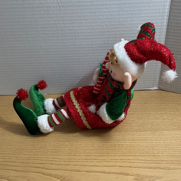 Christmas Elf Mantle Shelf Sitter Posable Legs Sequined Sparkle Adorable Face - Picture 2 of 9